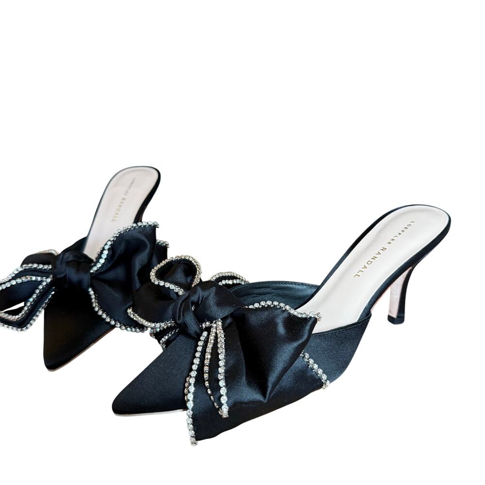 Loeffler Randall Black Rhinestone Bow Detail Satin Heeled Margot Mules Women 7.5